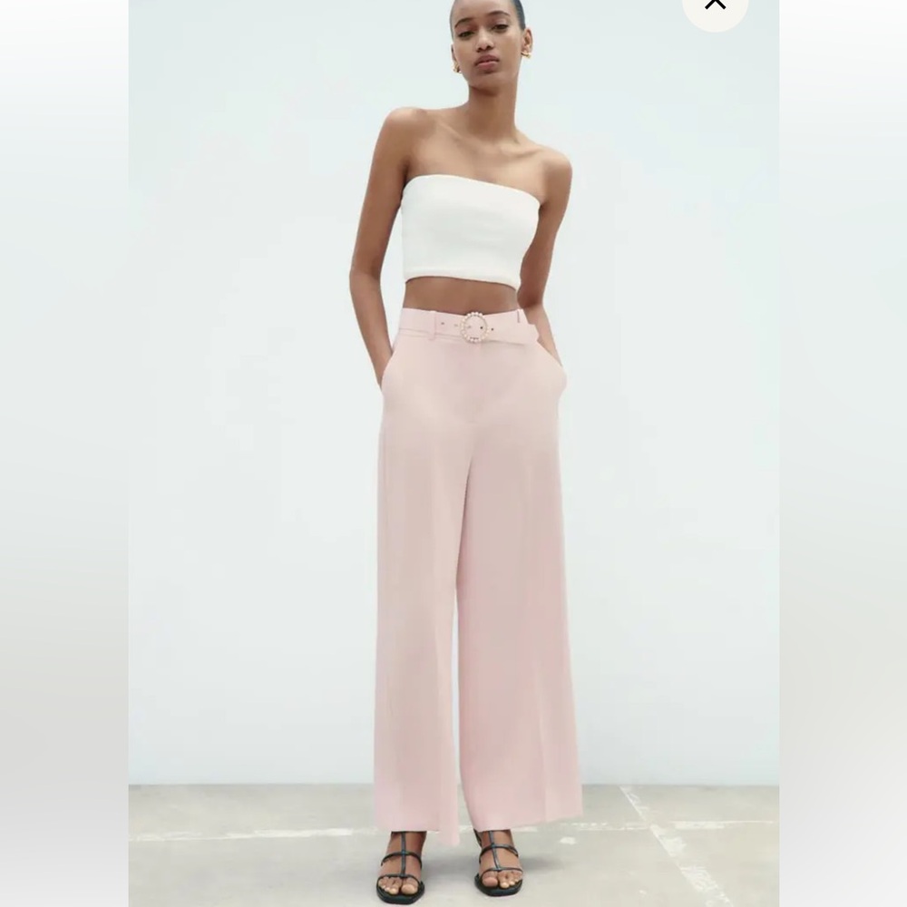 Zara Pearl Belt Culottes Elegant Pink Wide-Leg Pants Size Xs